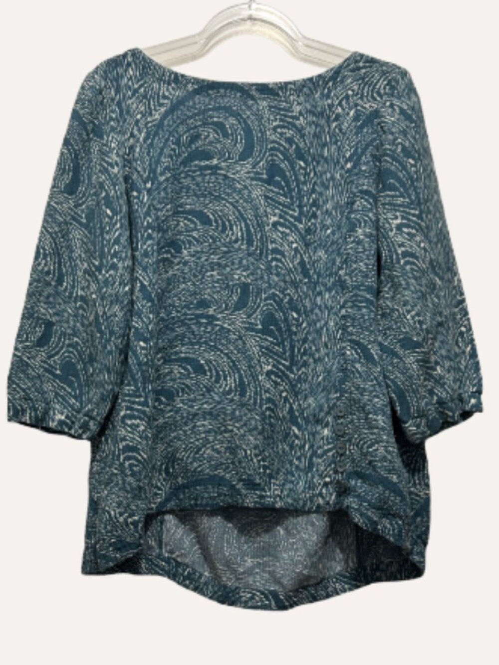 Soft Surroundings Teal & White Swirl Print Button‑Detail Blouse – Size M